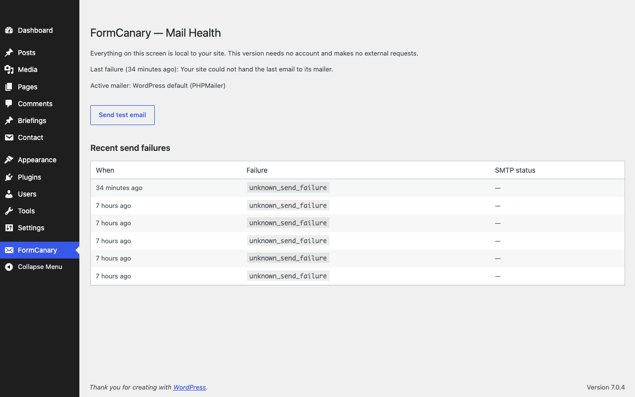 The Mail Health screen: last send result, detected mail service, and a log of recent failures in plain English