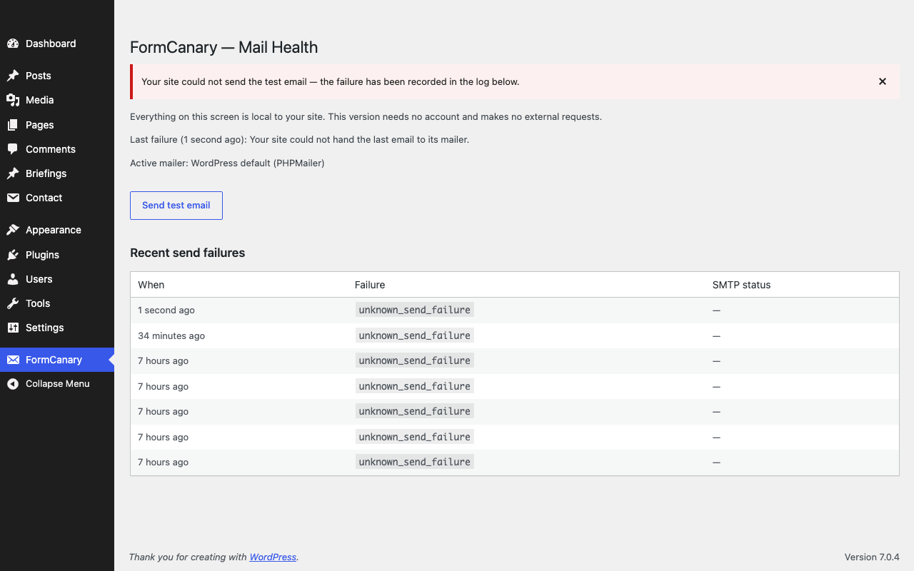 Sending a test email on a site that cannot send mail: the failure is recorded immediately instead of disappearing